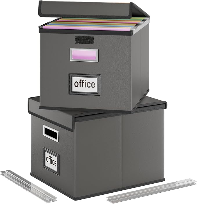 File Organizer Boxes with Lids, Collapsible Faux Leather Hanging File Folder by Huolewa