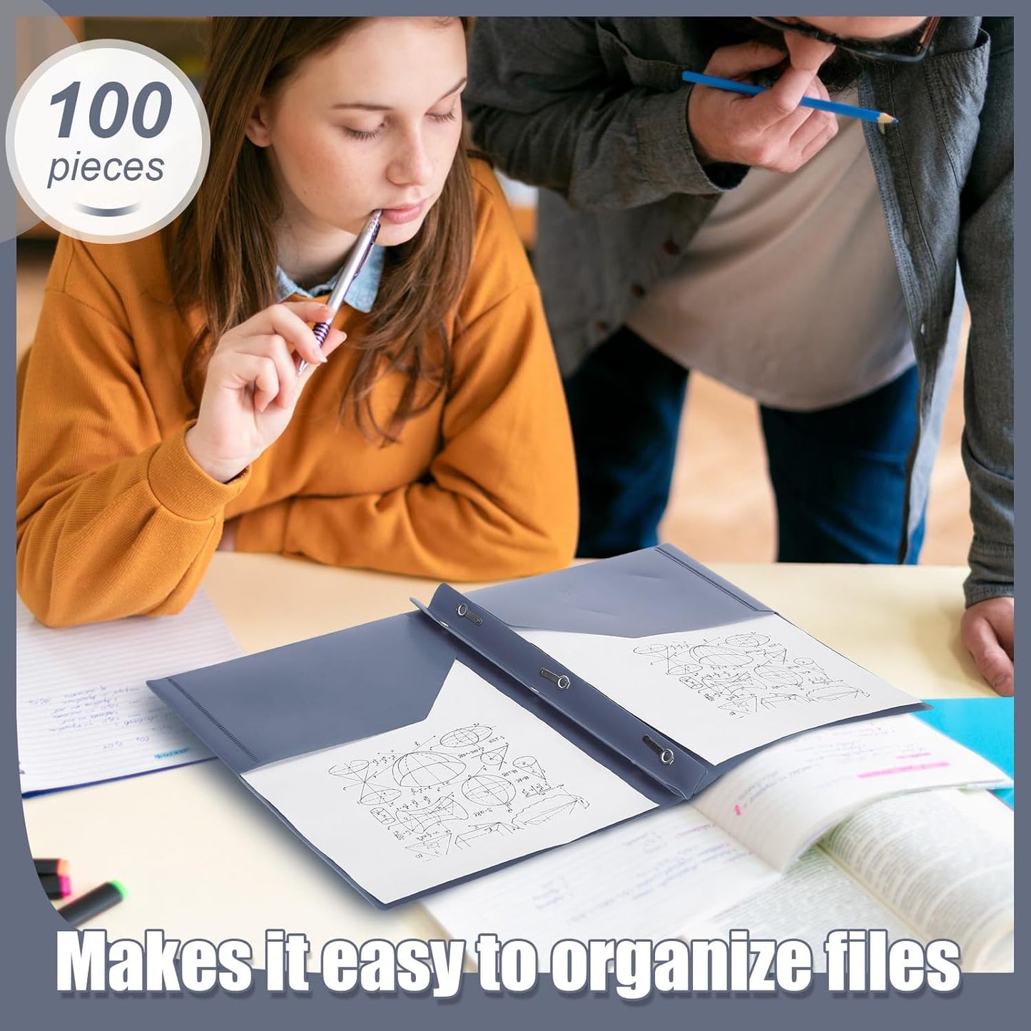 Lincia 100 Pcs Plastic Folders with Pockets and Prong Folders with Prongs Plastic Folders with 2 Pockets Pocket Folders for Office, School for Students, Teachers, Office Workers (Grey Blue)