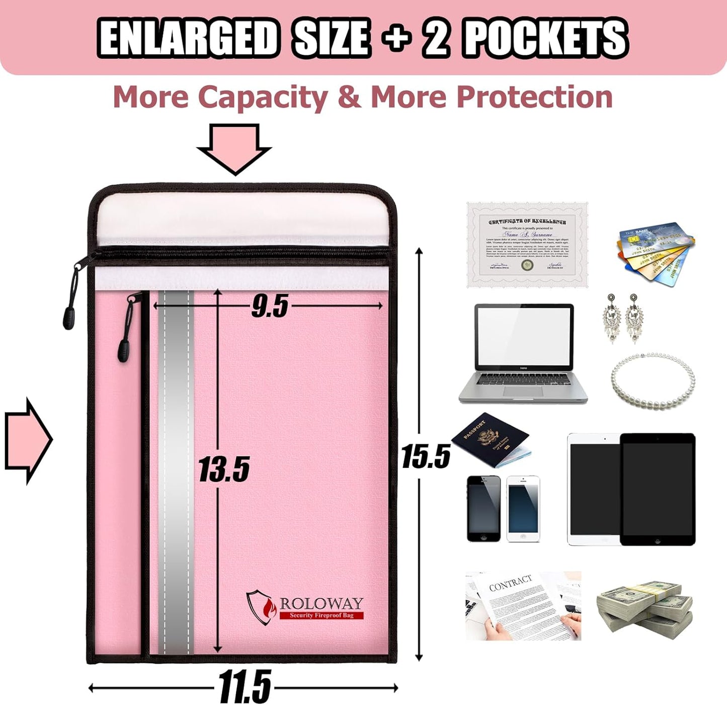 ROLOWAY Fireproof Document Bag (15.5 x 11.5 inch) with 2 Pockets and 5200℉ Aluminum Foil Layer, Fireproof Bag for Document Safe Fireproof Document Bag, Fireproof Money Bag (Pink)