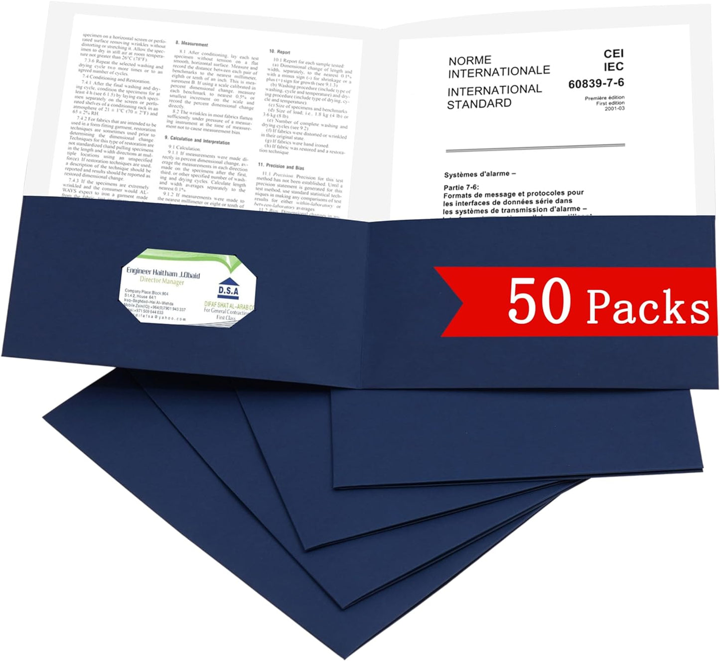 Zzrywuty 50 Packs Two Pocket File Folders with Business Card Slot,Textured Paper,Letter Size,Holds 100 Plus Sheets for School,Office,Business,Royal Blue