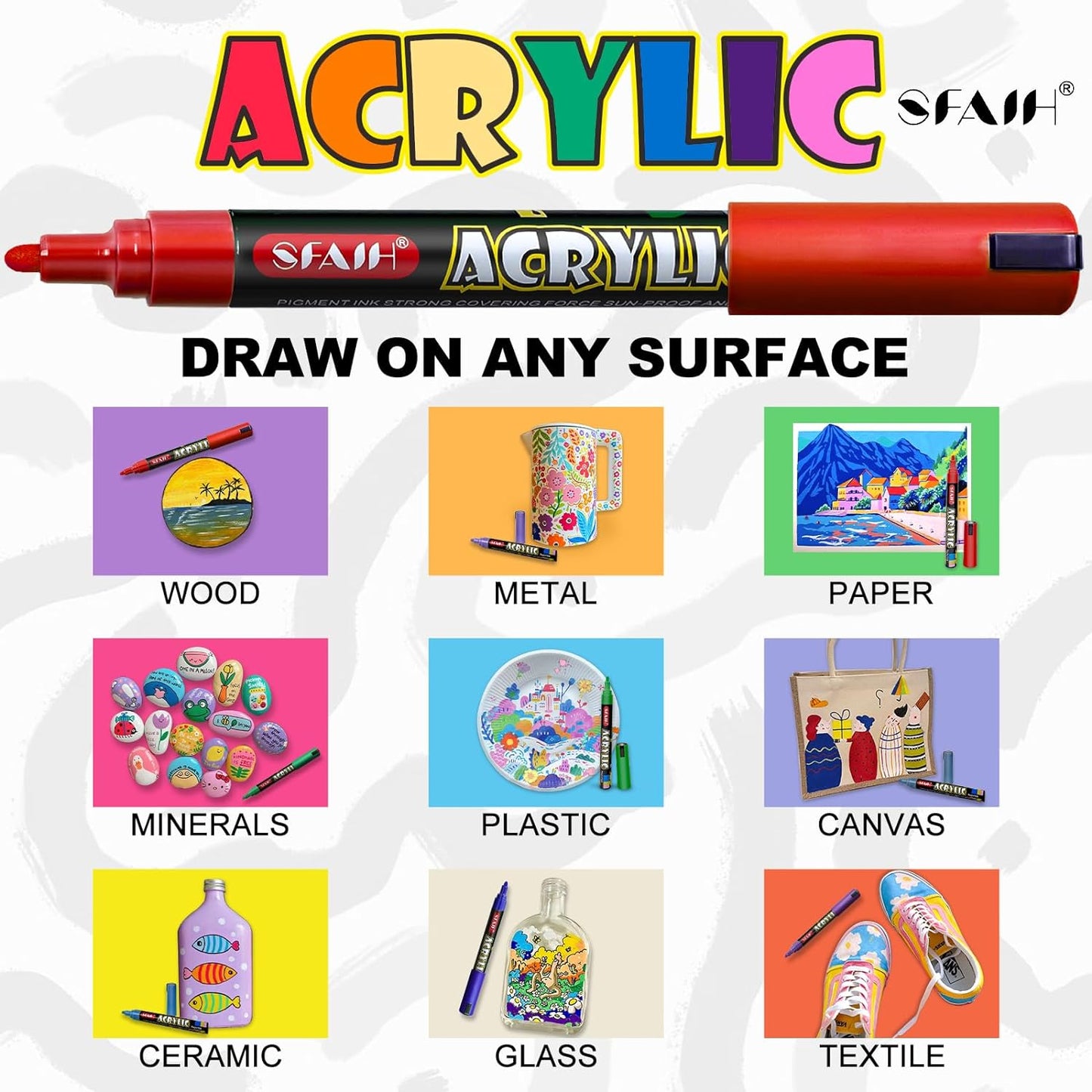 SFAIH Halloween Gifts Acrylic Creative Markers Set of 48 with Organizer, 3mm Medium Tips - 48 Colors, Waterproof, Fast Drying, Gift for Kids and Adults - Art Supplies, Fabric Paint, Rock Painting