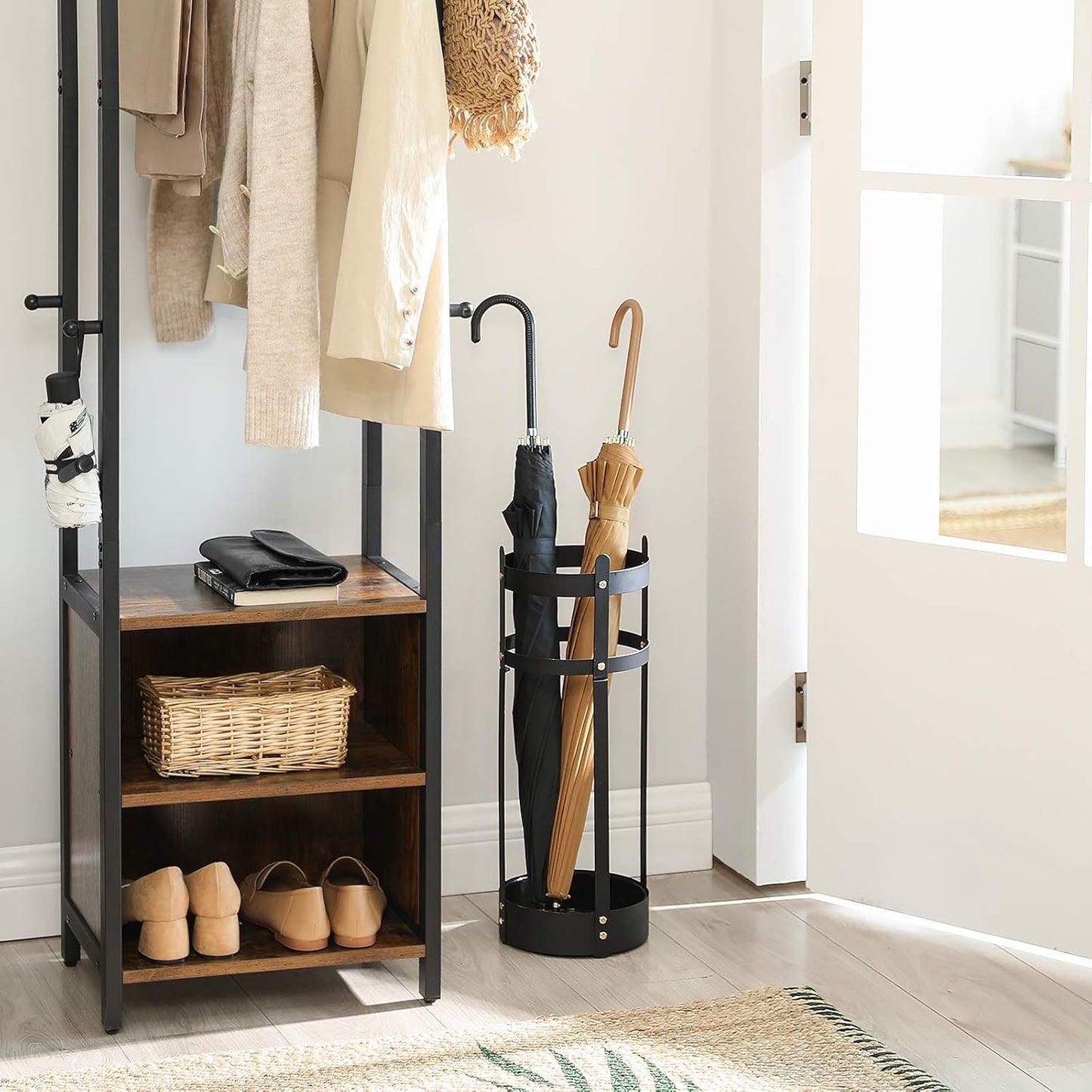 SONGMICS Umbrella Stand, Steel Round Umbrella Holder Rack, 7.7 x 7.7 x 21.7 Inches, with Detachable Drip Tray, for Entryway, Office, Stable, Assembly Required, Matte Black ULUC28BK