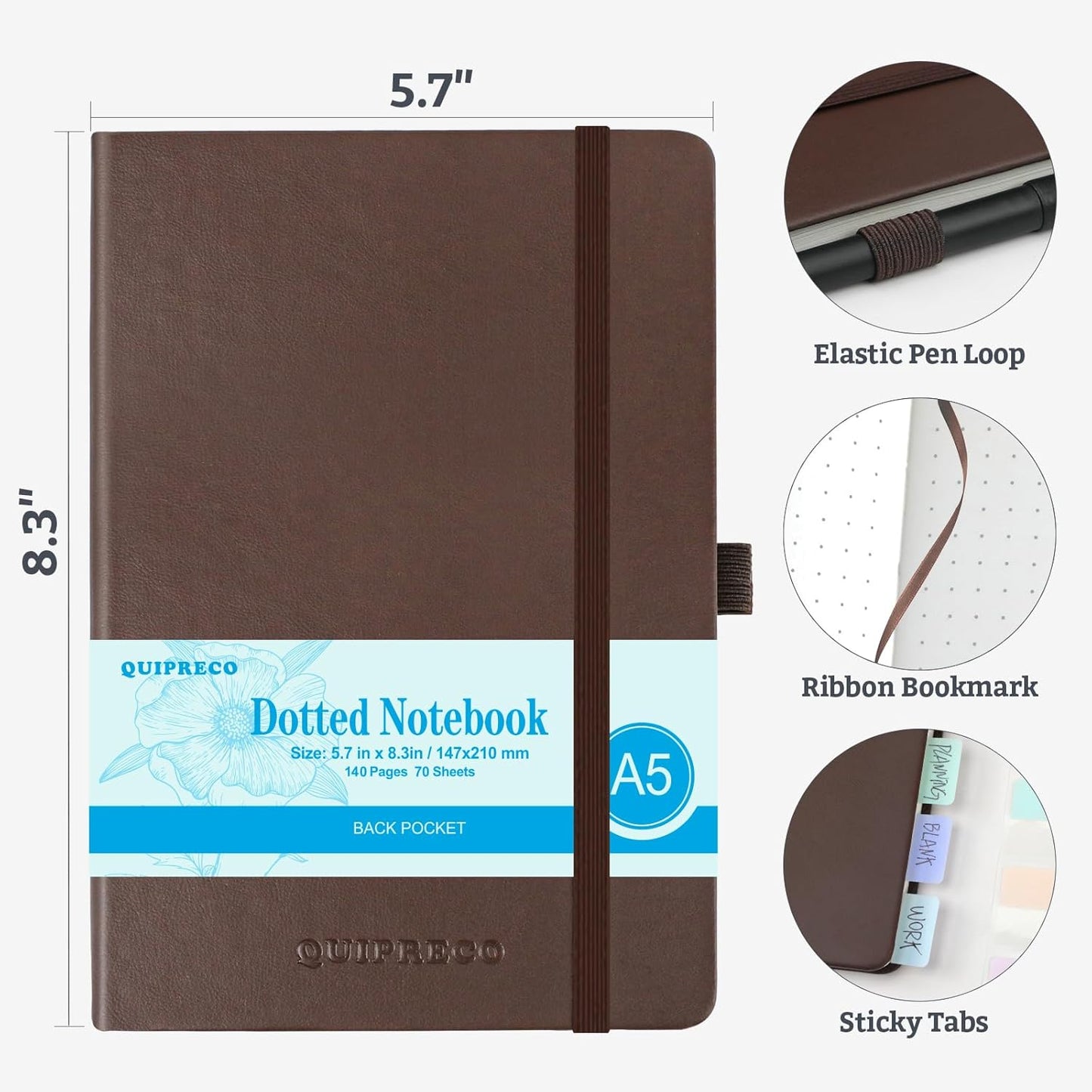 Hardcover Lined Bullet Dotted Journal Notebook, A5 140 192 Pages 100 120Gsm Paper College ruled for School,Work,Travel,and Daily Planning，5.7''*8.3'' (1, Brown, A5 Dotted)