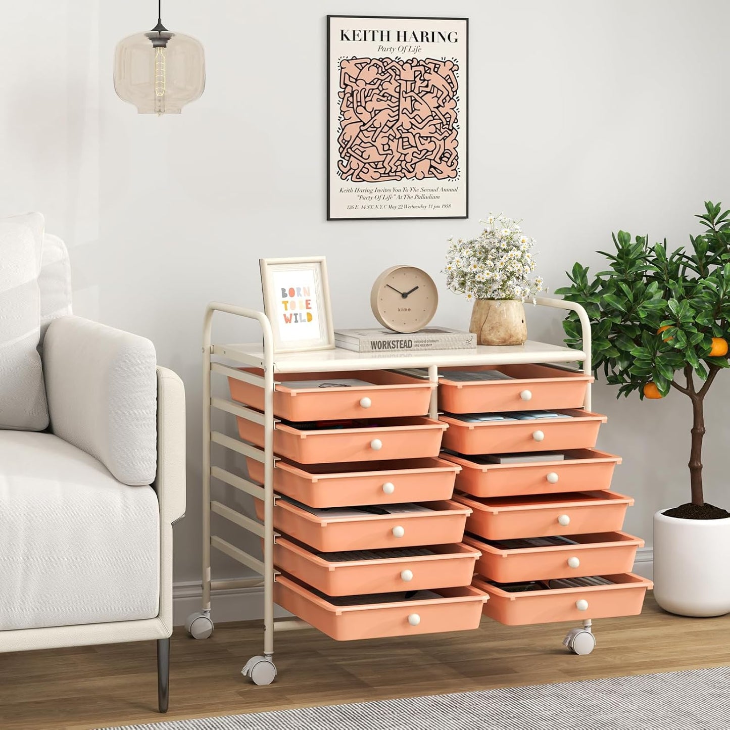 Giantex 12 Drawers Rolling Cart, Mobile Storage Drawer Cart, Classroom Organizer Cart for Office School Supplies Tools Scrapbook Paper Craft Small Printer, Utility Cart on Wheels, Peach Fuzz