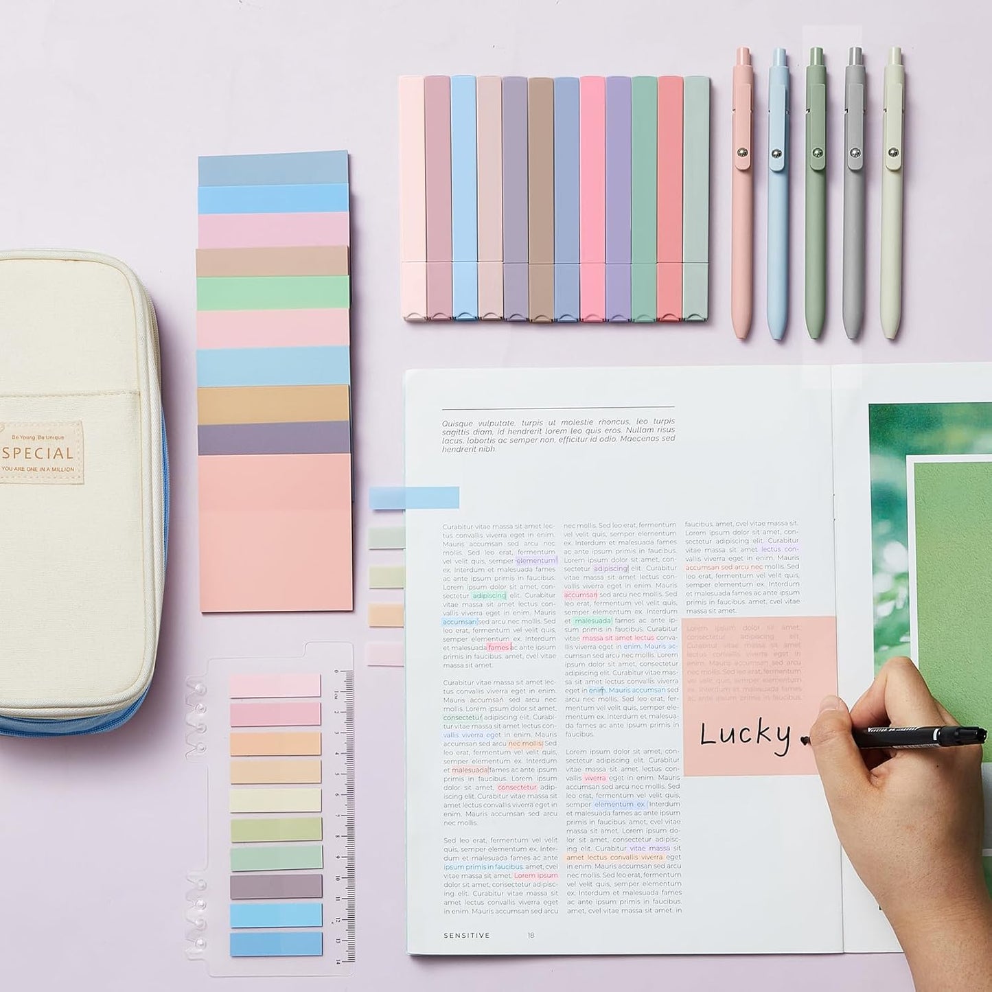 Jutom 39 Pcs Aesthetic Book Annotation Kit Highlighter with Pencil Case Bag Gel Pen Transparent Sticky Note Taking Bible Study College School Supplies(Light Blue,Cute Style)