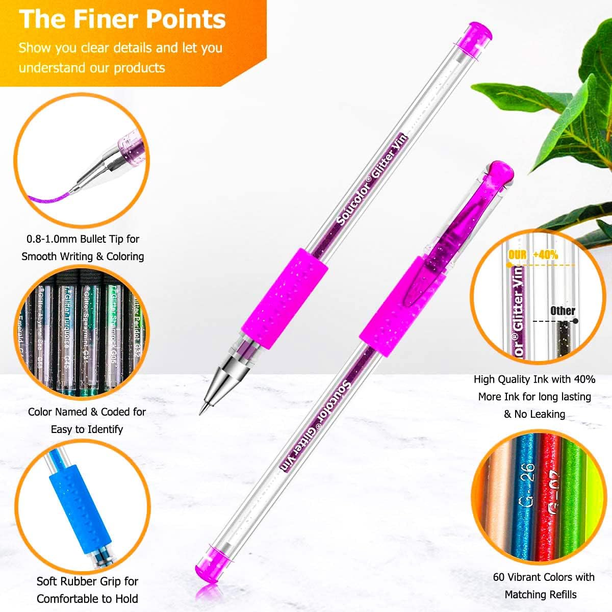 Soucolor Glitter Gel Pens for Adult Coloring Books, Back to School Supplies, 120 Pack-60 Glitter Pens, 60 Refills and Travel Case, 40% More Ink Markers Set for Drawing Doodling Journaling Art Supplies