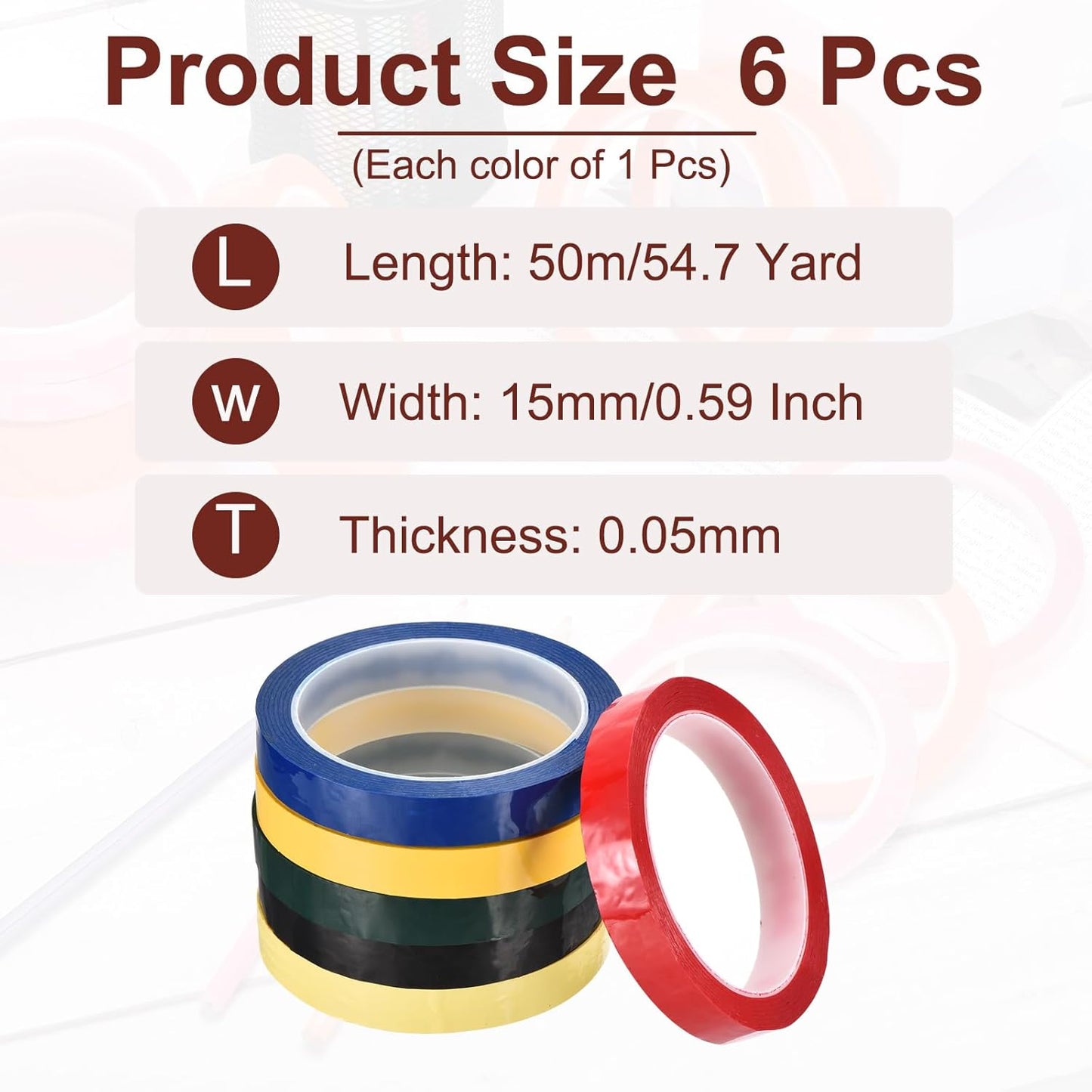 MECCANIXITY 6 Rolls Whiteboard Tape Graphic Chart Tape 15mm 54.7 Yard Art Tape Thin Pinstripe Tape Masking Tape for Gift Wrapping Craft Supplies, Red, Green, Blue, Yellow, Black. Light Yellow