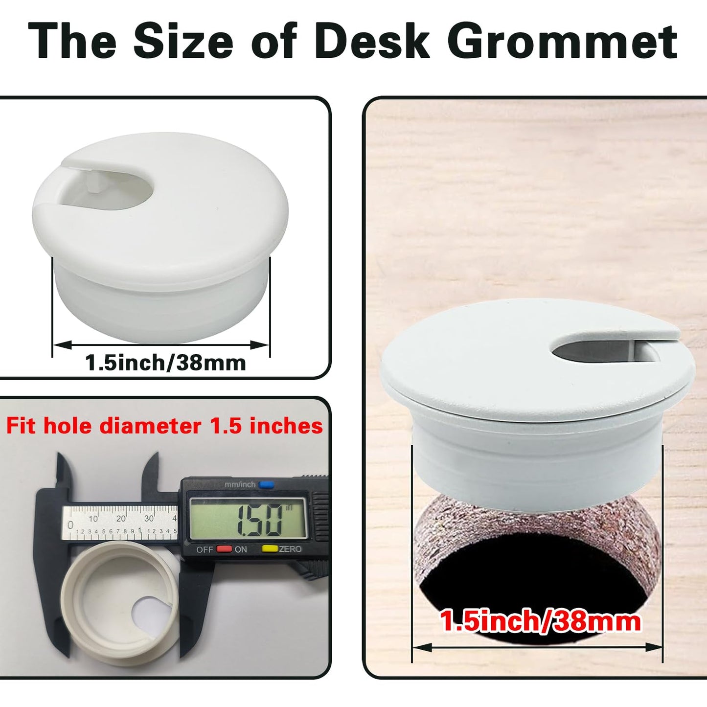 [2 Pack] Desk Grommet 1.5 inch Sturdy ABS Plastic Desk Hole Cover for Cables Detachable Table Hole Grommet for Organizing Home & Office Table Cables - White