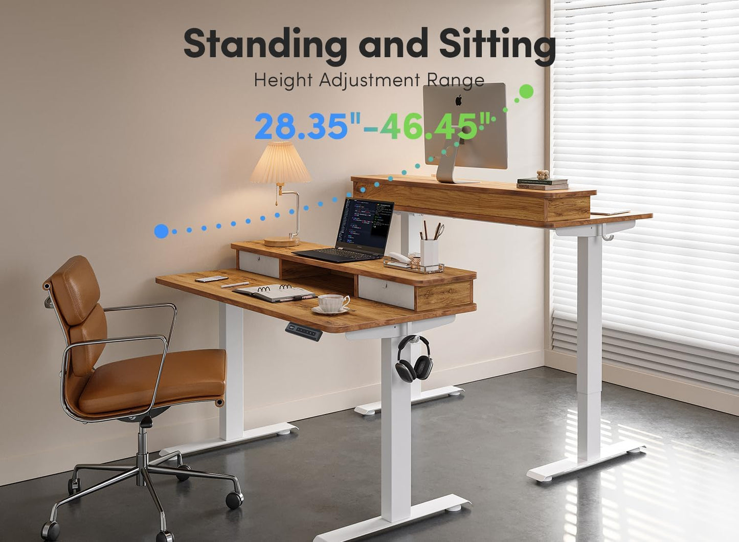 FEZIBO 55 x 24 Inch Height Adjustable Electric Standing Desk with Double Drawer, Computer Desk, Home Office Stand Up Table with 4 Height-Adjustable Feets & 2 Hooks, Light Rustic