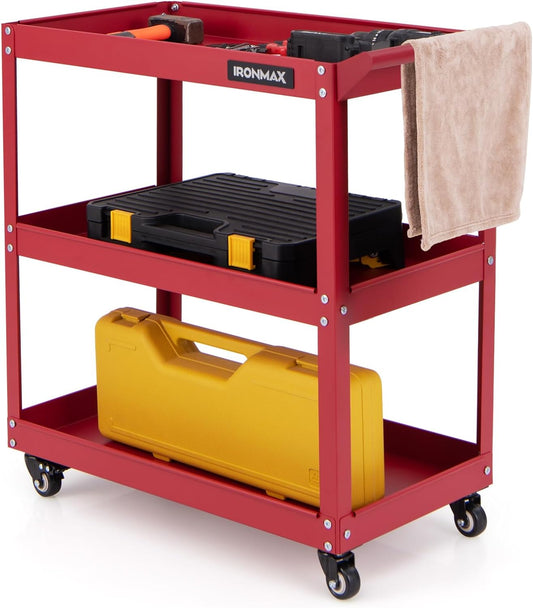 Goplus 3-Tier Utility Cart, Heavy Duty Commercial Service Tool Cart w/3 Spacious Shelves, 4 Universal Wheels with 2 Brakes, Rolling Mechanic Tool Cart Storage Organizer for Warehouse Garage