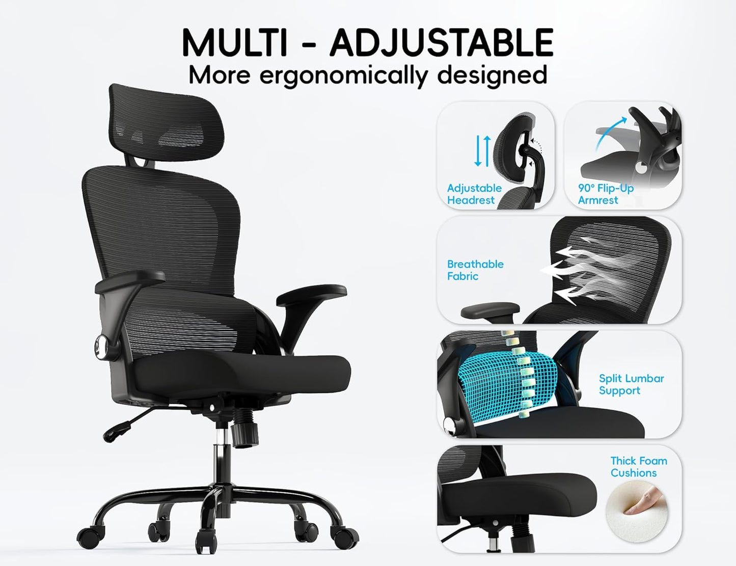 TRALT Office Chair - Ergonomic Office Chair with Back Support, Computer Chair - Home Office Desk Chairs, 330lbs Wide Seat Big and Tall Office Chairs with Headrest, Comfy Desk Chairs (Black)