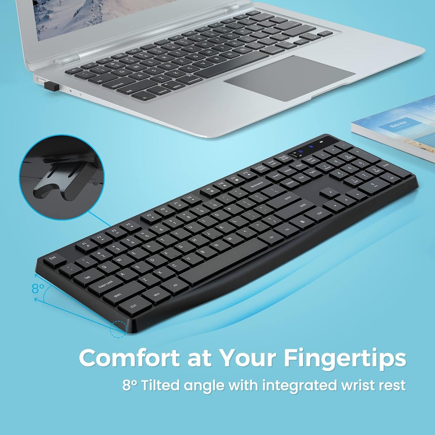 Lovaky MK98 Wireless Keyboard, 2.4G Ergonomic, Computer Keyboard, Enlarged Indicator Light, Full Size PC Keyboard with Numeric Keypad for Laptop, Desktop, Surface, Chromebook, Notebook, Black