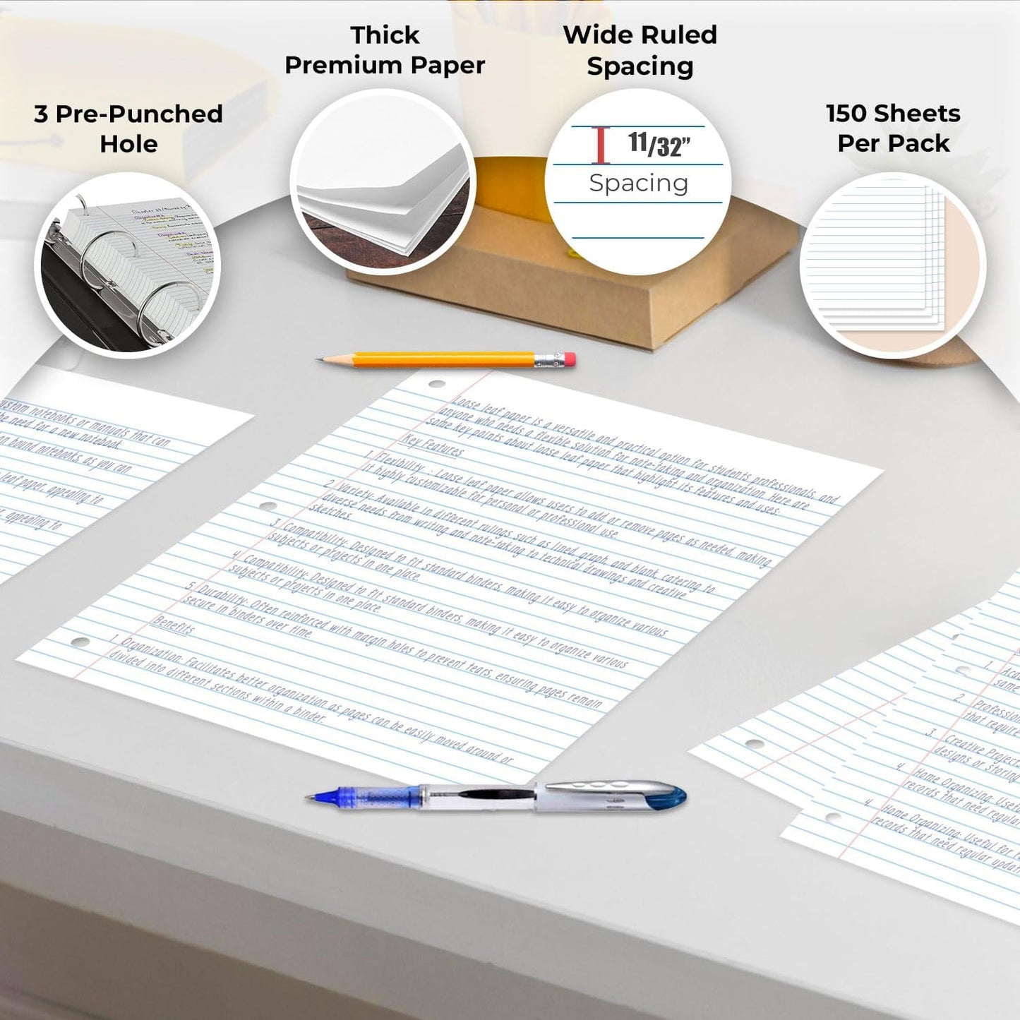 Loose Leaf Paper Bulk, 7200 Sheets, Wide Ruled, 8 x 10.5", Filler Papers for Office, 56 Gsm Thick Sheets, 3 Hole Punched for Binders, 48 Pack, 150 Sheets/Pack, Bulk Notebook Paper, White