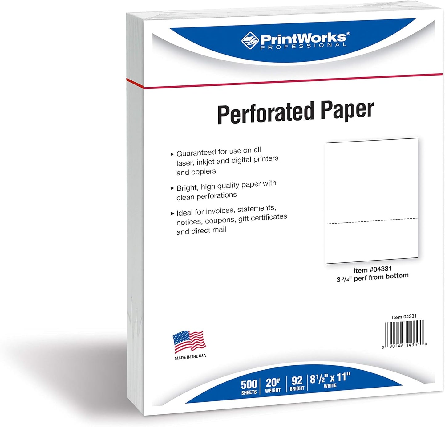 PrintWorks Professional 3 3/4" Horizontal Perforated Paper 8.5” x 11” - Perfect For W-2, 1099, & Statement Use - Made in the USA - 500 Sheets - 20 lb - Printer Compatible - White (04331)