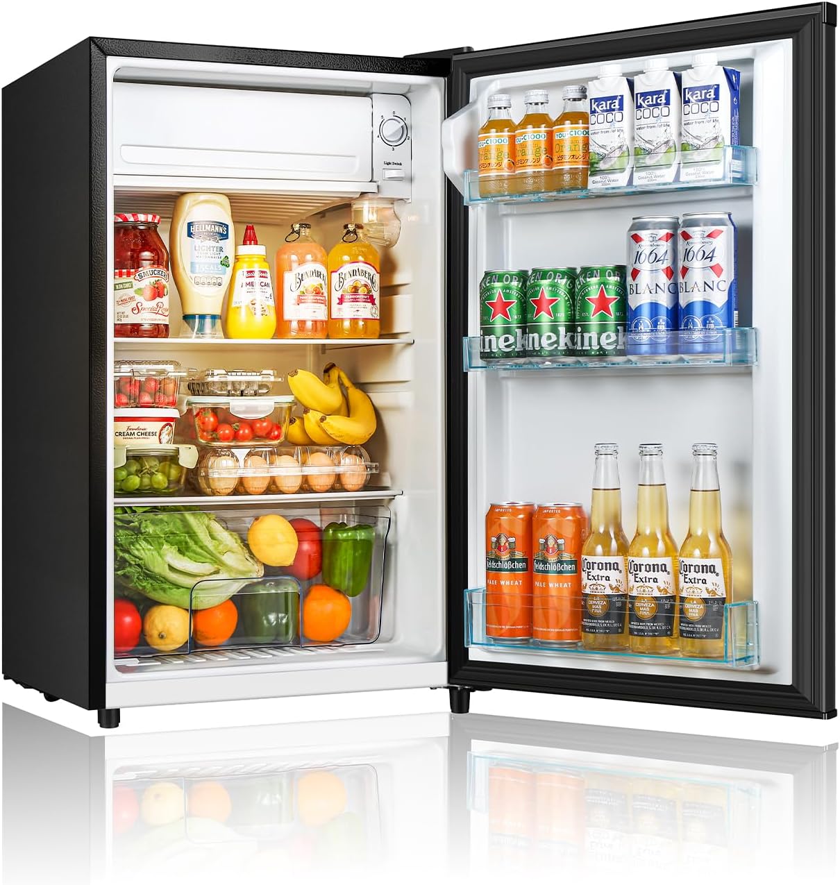 Seaoola Mini Fridge with Freezer, Single Door 4.4 Cu.Ft, Compact Mini Refrigerator, LED Light, Adjustable Thermostat, Removable Glass Shelves, Small Refrigerator for Dorm/Office/Bedroom(Black)