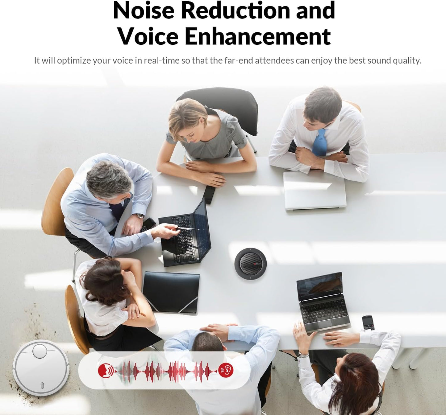 Conference Speakerphone, Daisy Chain up to 9 Speakerphones for 50 People, USB & Bluetooth Speaker with 4 Mics AI Noise Cancellation 360° Voice Pickup for Zoom,Teams,Conference Call Large Meeting Room