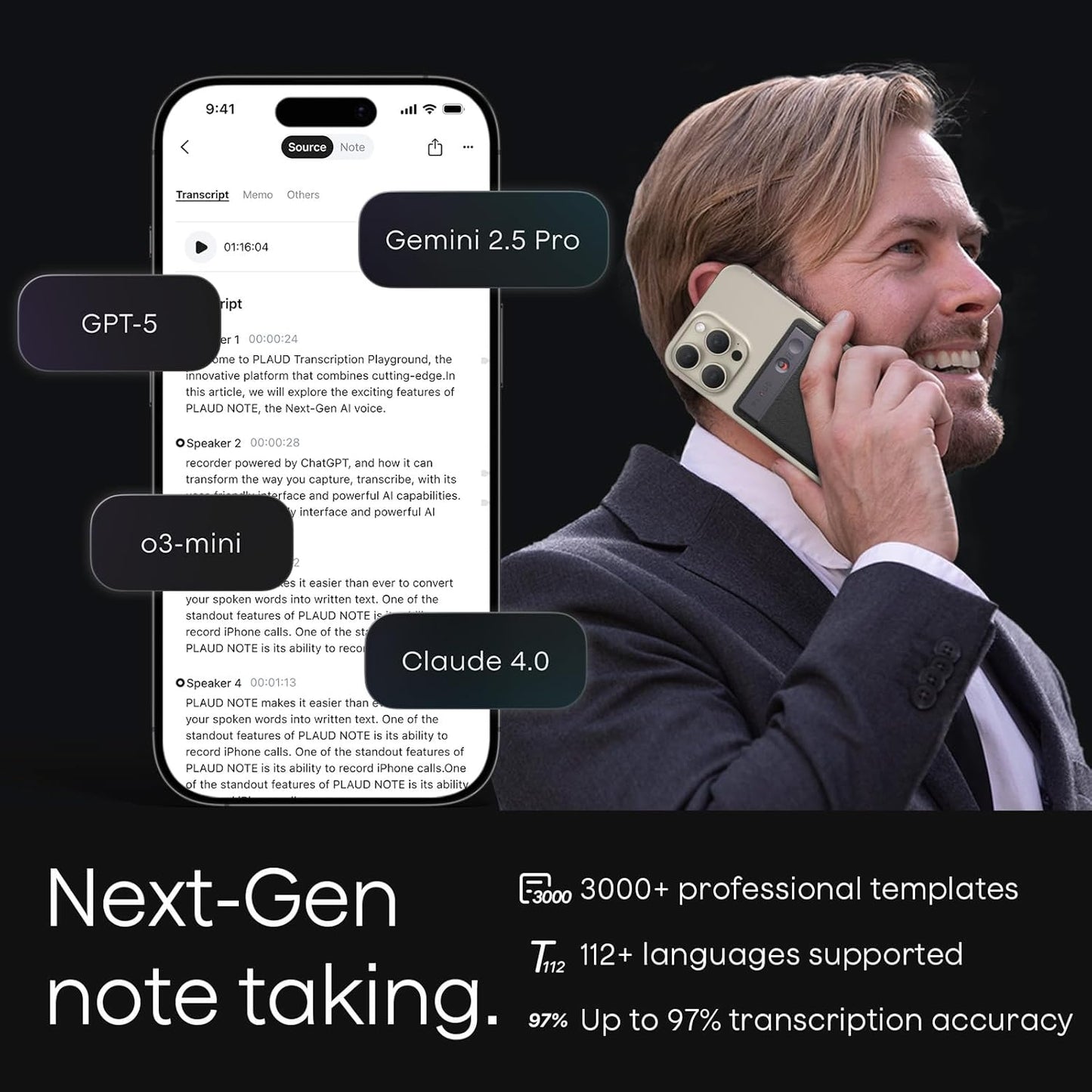 Plaud Note AI Voice Recorder, Voice Recorder w/Case, App Control, Transcribe & Summarize with AI Technology, Support 112 Languages, 64GB Memory, Audio Recorder for Lectures, Meetings, Calls, Black