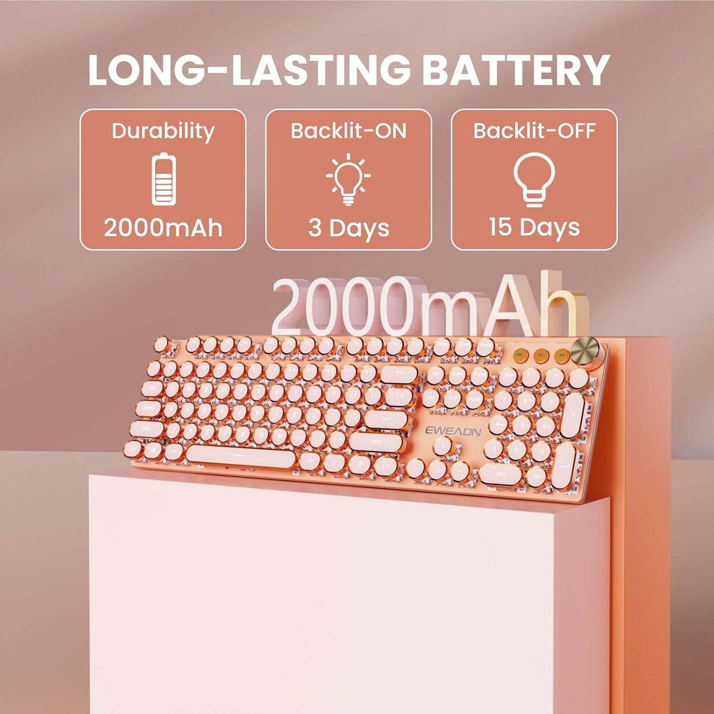 EWEADN V20 Typewriter Keyboard Wireless, 104 Keys Typewriter Style Mechanical with White Backlit, Media Knob, Pink Switch 2.4G/Bluetooth/USB-C Wired Retro Full Size Keyboard for Windows/Mac/PC-Pink