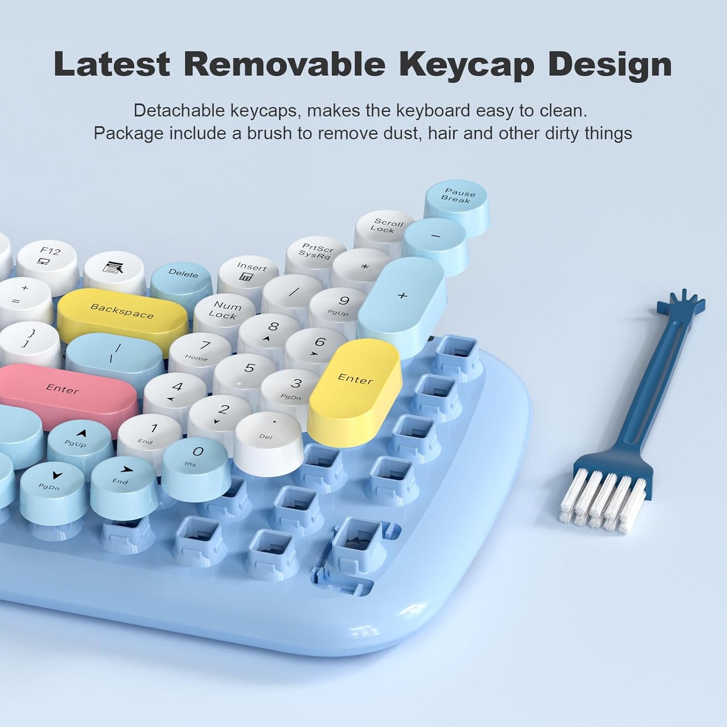 Wireless Keyboard and Mouse Combo, Typewriter Retro Keyboards with Cute Cat Shaped Wireless Mouse, 2.4 GHz USB Receiver Plug and Play for Windows, PC, Laptop, Desktop (Blue Colorful)