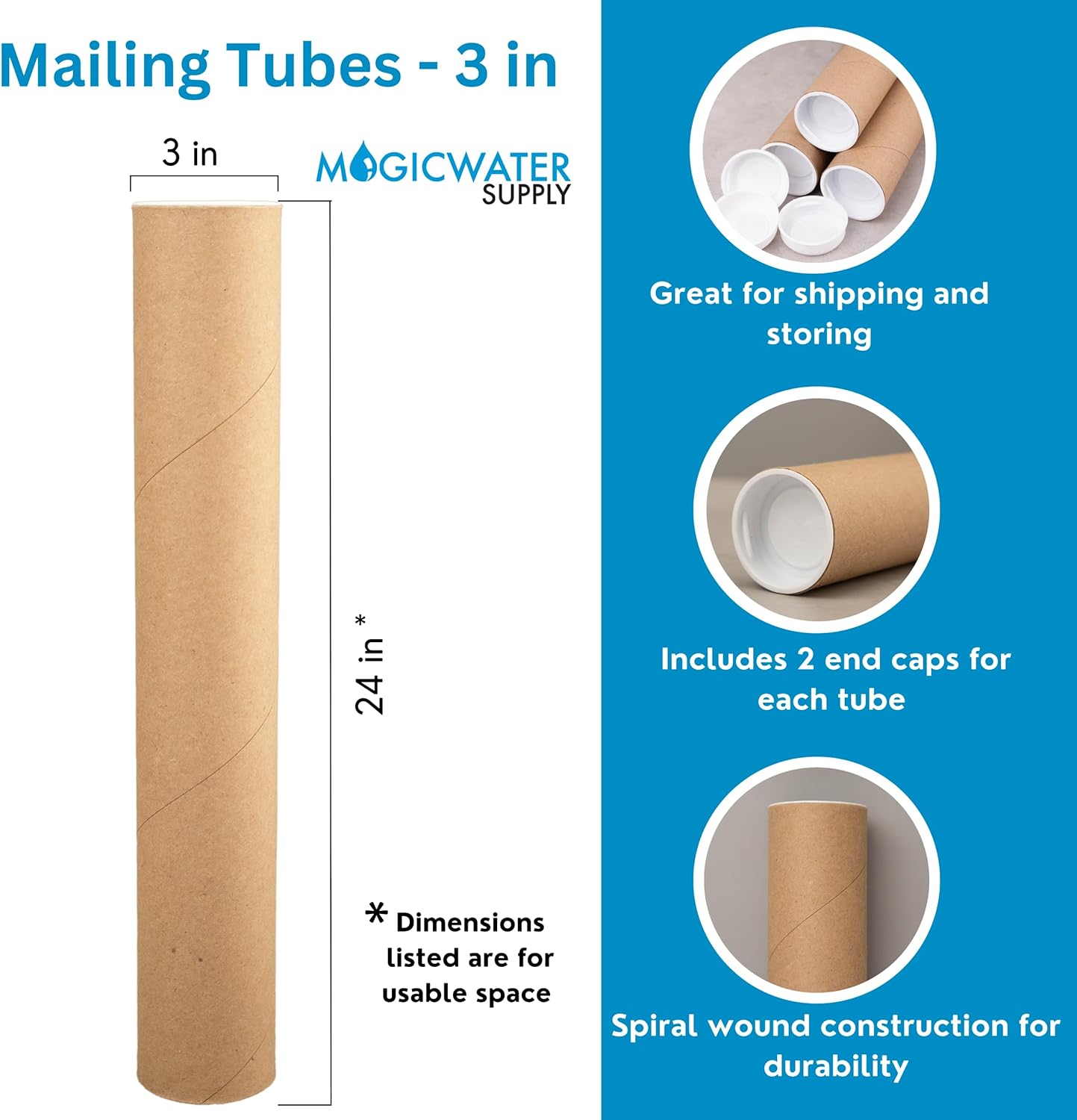 MagicWater Supply Mailing Tube - 3 in x 24 in - Kraft - 10 Pack - for Shipping and Storage of Posters, Arts, Crafts, and Documents
