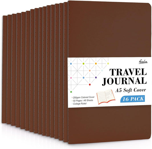 feela 16 Pack Soft Cover Journal Bulk, Lined Notebooks College Ruled for Work for Women Girl Writing, Blank Travel Journal Note Taking Notebook School Business Supplies, 8.2” x 5.5”, A5, Brown