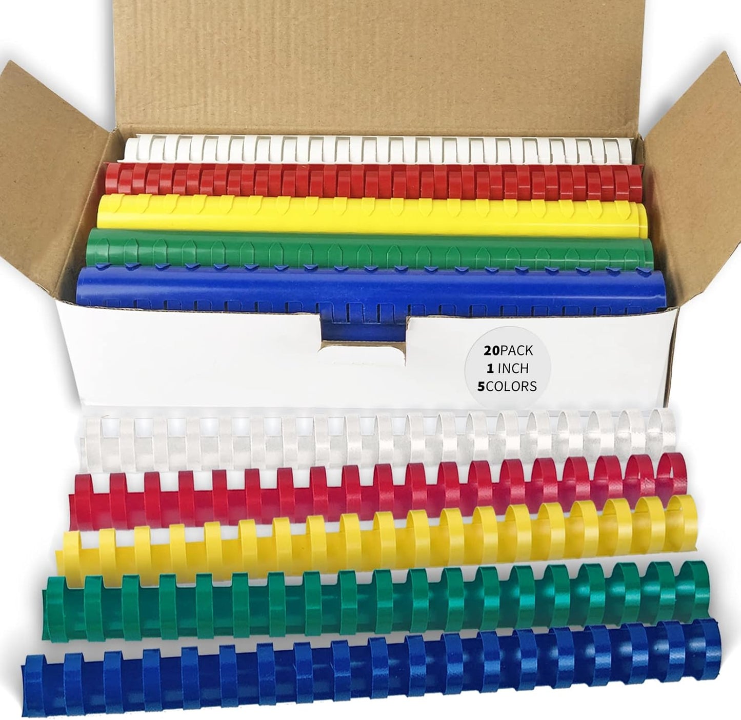 Binditek 20 Pack Plastic Binding Comb Spines, 1 Inch Diameter, 225 Sheet Capacity, 19 Ring, for Letter Size, Multi Color (White, Yellow, Red, Green, Blue), for Students and Coworkers