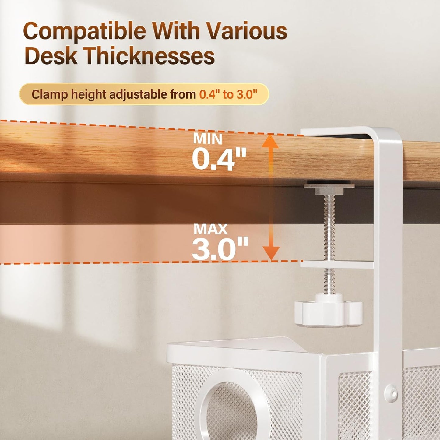 [Upgraded] Under Desk Cable Management Large, Cinati 16" Cable Management Box for Table Thickness up to 3", Wire Cord Organizer with Clamp No Drill, No Damage to Desk (White)