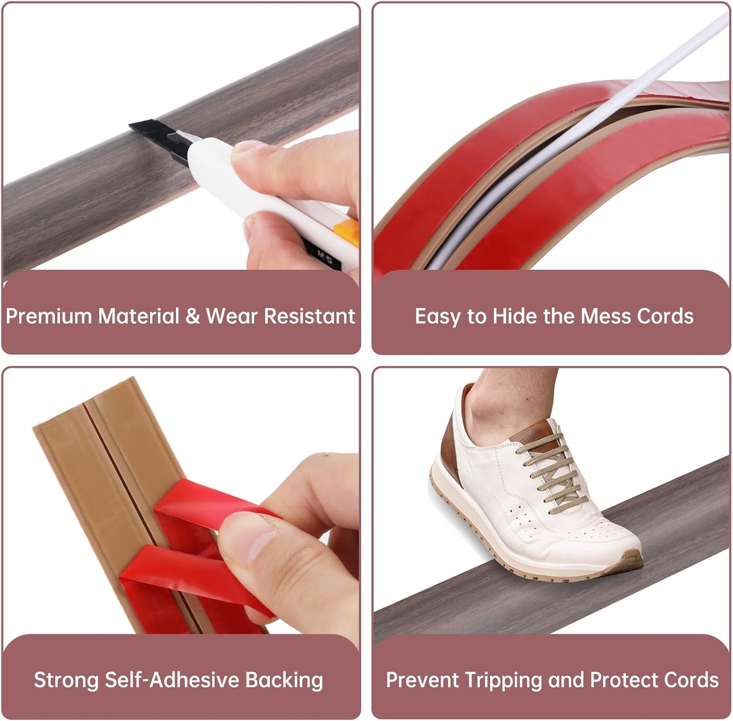 Floor Cord Cover Self Adhesive Cord Hider Floor Extension Cord Covers for Floor Power Cord Protector Cable Management Prevent Cable Trips Cable Cavity 0.32" W x 0.32" H (Brown Walnut Wood, 10Ft)