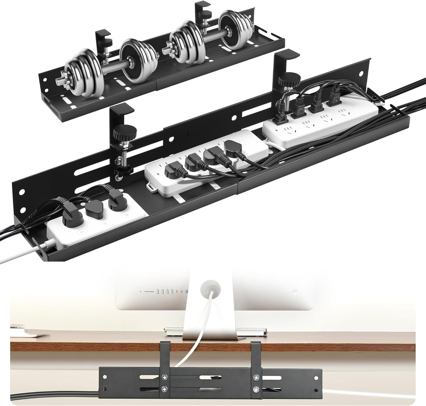 No Drill Under Desk Cable Management Tray, 17"-30" Retractable Long Cable Tray with Clamp Mount, Metal Cord Organizer, Support 50 lbs+, Wire Management Basket for Home Office, Black