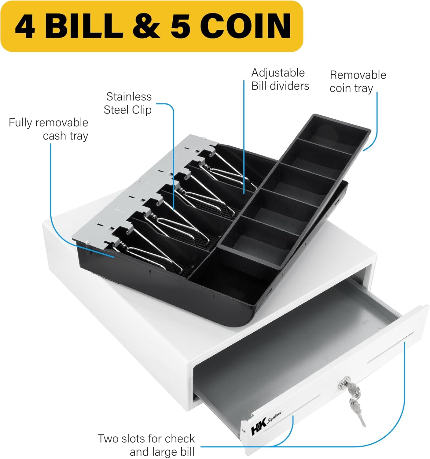 HK SYSTEMS 13inch Heavy Duty Manual Push-Open Cash Drawer with 4Bill/5Coin, Removable Till, Two Medial Slots, White