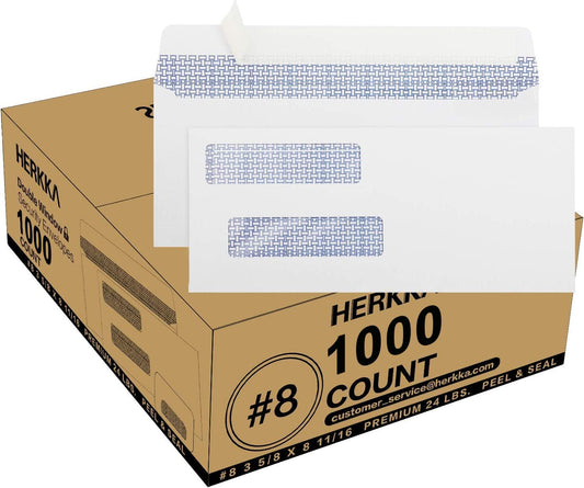 #8 Double Window Security Check Envelopes, No.8 Double Window Bussiness Envelopes Designed for QuickBooks Checks - Computer Printed Checks - 3 5/8 X 8 11/16 (NOT for INVOICES) - 24 LB - 1000 PACK