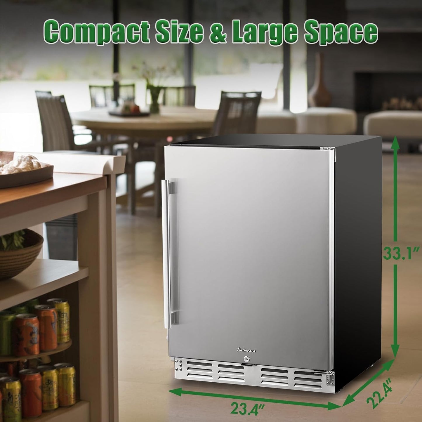Kalamera Beverage Refrigerator, 24 inch Under Counter Drink Cooler for 154 Cans 32-41℉ Temperature Range, Built-in or Freestanding Ooutdoor Fridge with Stainless Steel Door