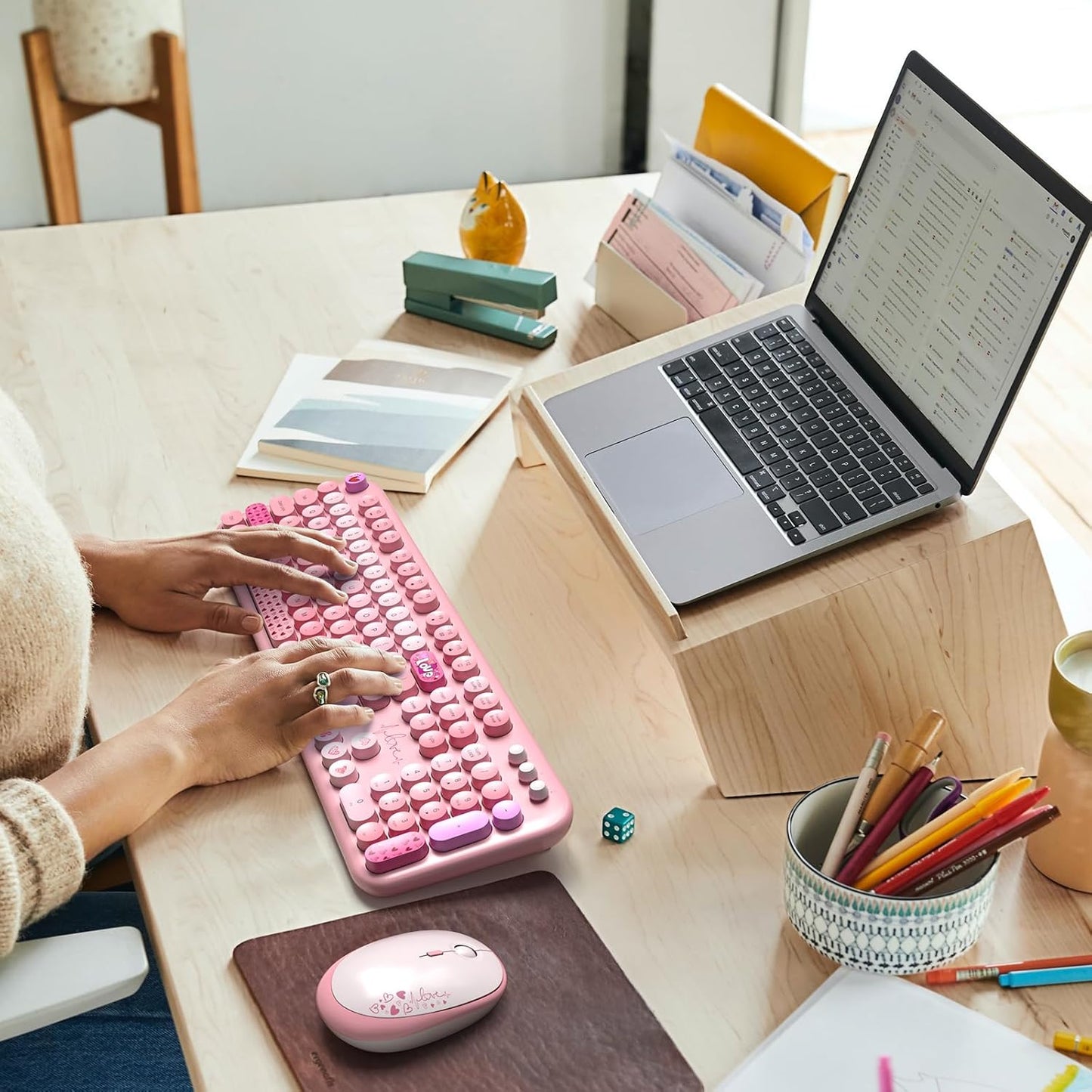 Wireless Keyboard and Mouse, Typewriter Full Size Keyboard with Number Pad and 2 in 1 USB Connected Mouse for Windows 7/8/10, Laptop, Desktop, PC, Computer (Pink Colorful)