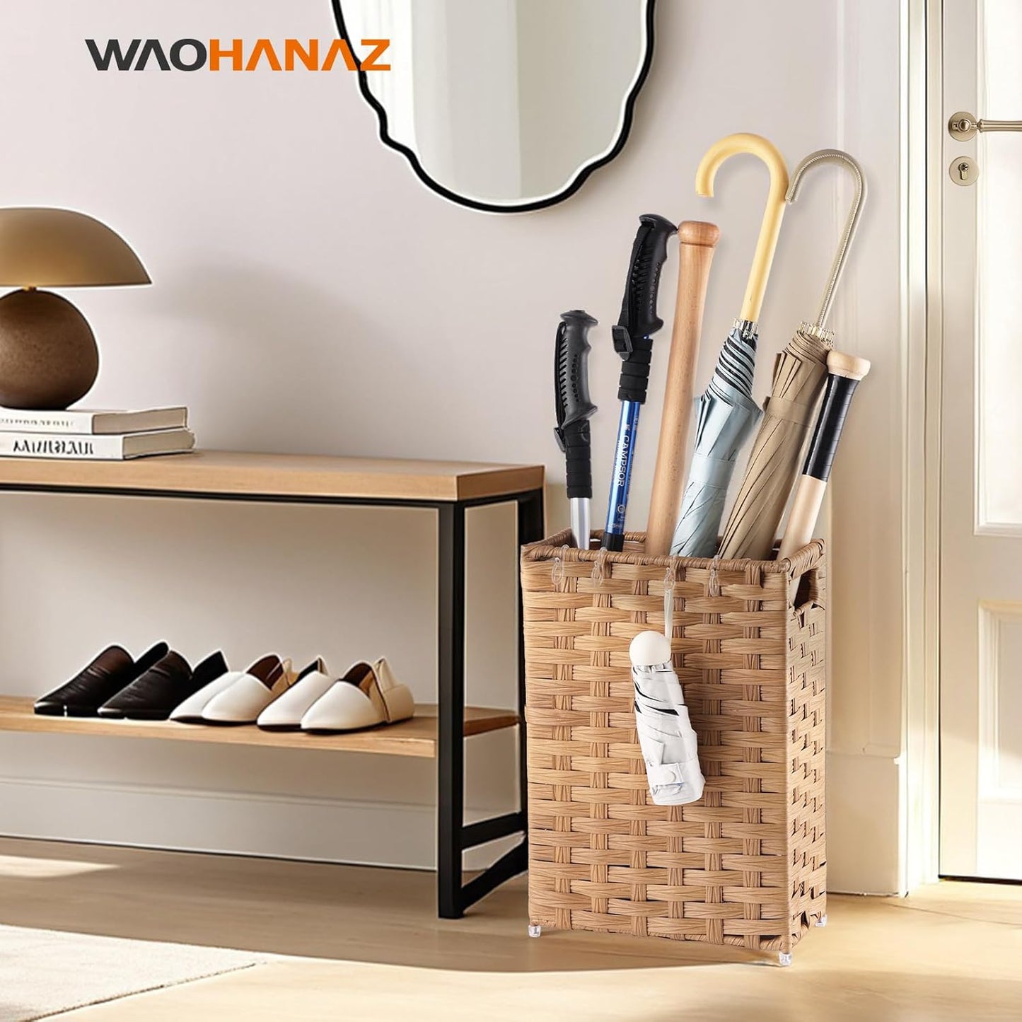 Rattan Umbrella Stand, Umbrella Holder for Entryway, Hand Woven Umbrella Rack Organizer Freestanding, with a Detachable Drip Tray, 4 Hooks, 11.8" L x 5.5" W x 16.5" H