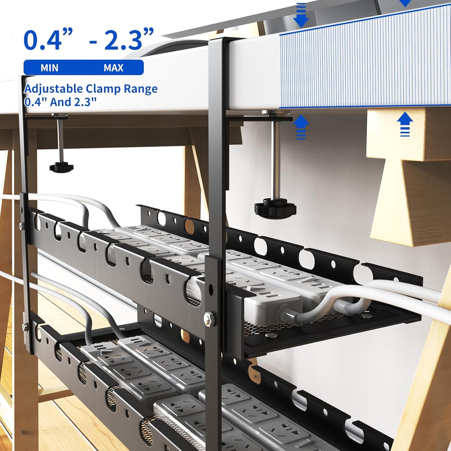 31Inch Extendable Under Desk Cable Management Tray Multi-Model Metal Cable Management Tray Under Desk Cord Management with Clamp Power Strip Cord Holder for Wire Cable Management, Black