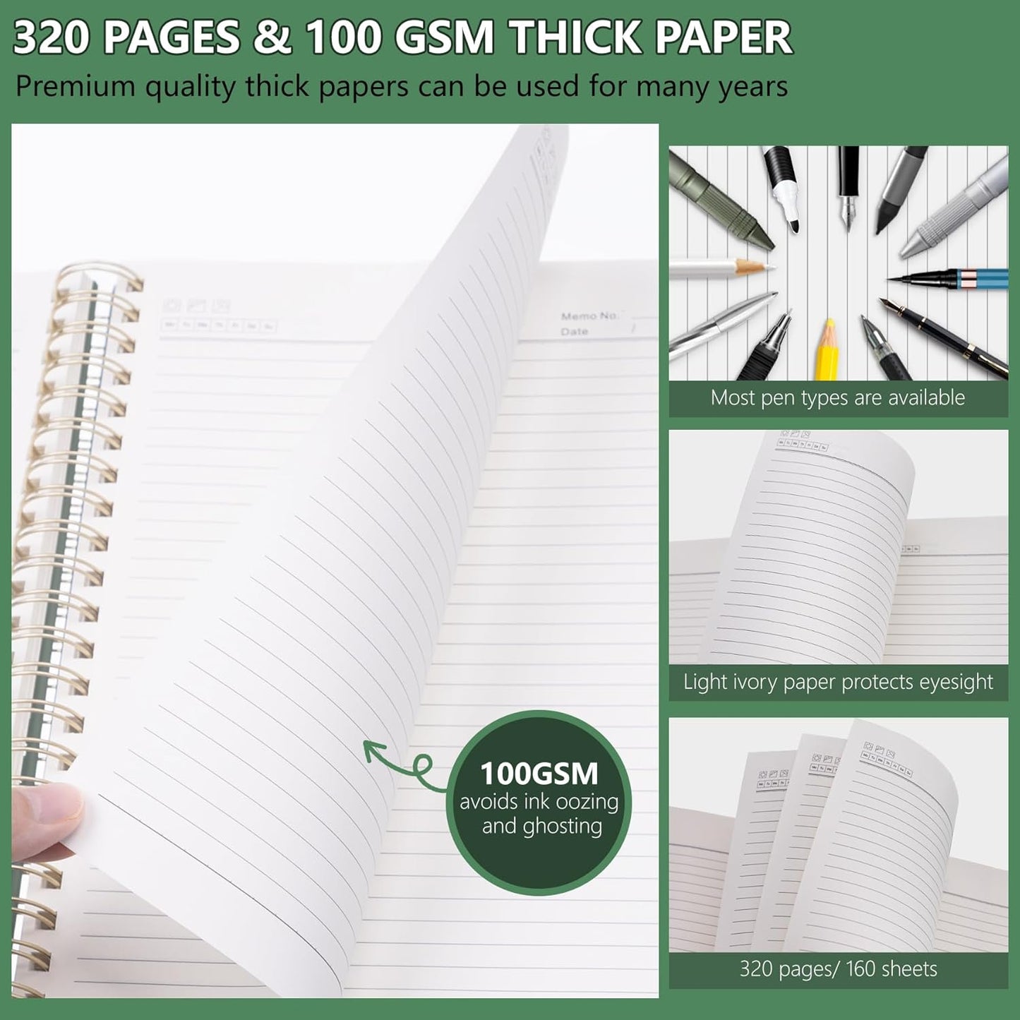 HAUTOCO Spiral Notebook College Ruled B5 Leather Bound Journal, 320 Pages, Hardcover Notebooks with tabs, 100 GSM Paper, 7x 9.7" Lined Journaling Notebooks for Work Office School Business, Olive Green