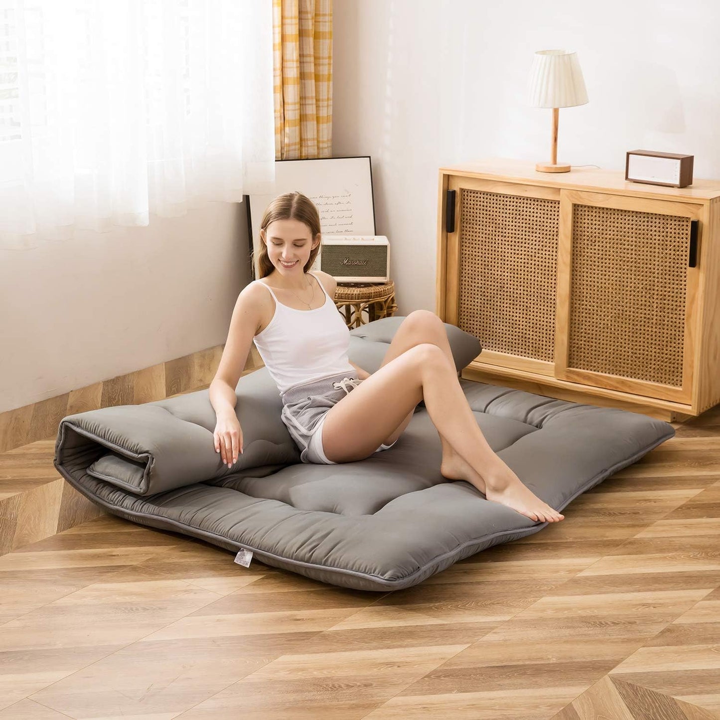 MAXYOYO Japanese Floor Mattress Futon Mattress, 4" Thicken Tatami Mat Sleeping Pad Foldable Roll Up Mat Boys Girls Dormitory Pad Kids Floor Lounger Pillow Bed, Charcoal Grey, Queen Size