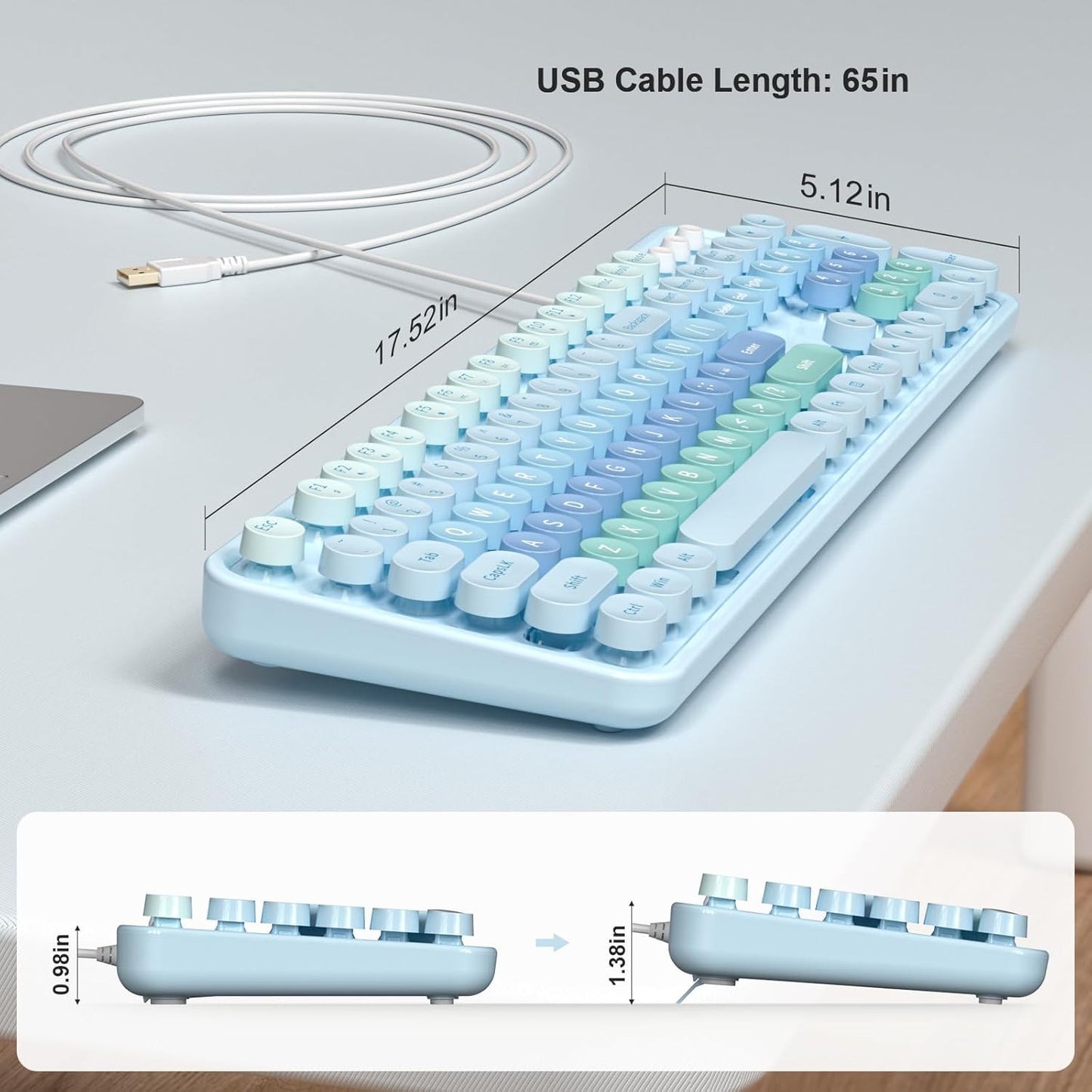 MOFII Keyboard Wired Large Print, Computer Keyboard Plug Play, Colorful Retro Round Typewriter Keyboard with Numeric Keypad and Media Hotkey for Windows PC Laptop (Pale Blue)