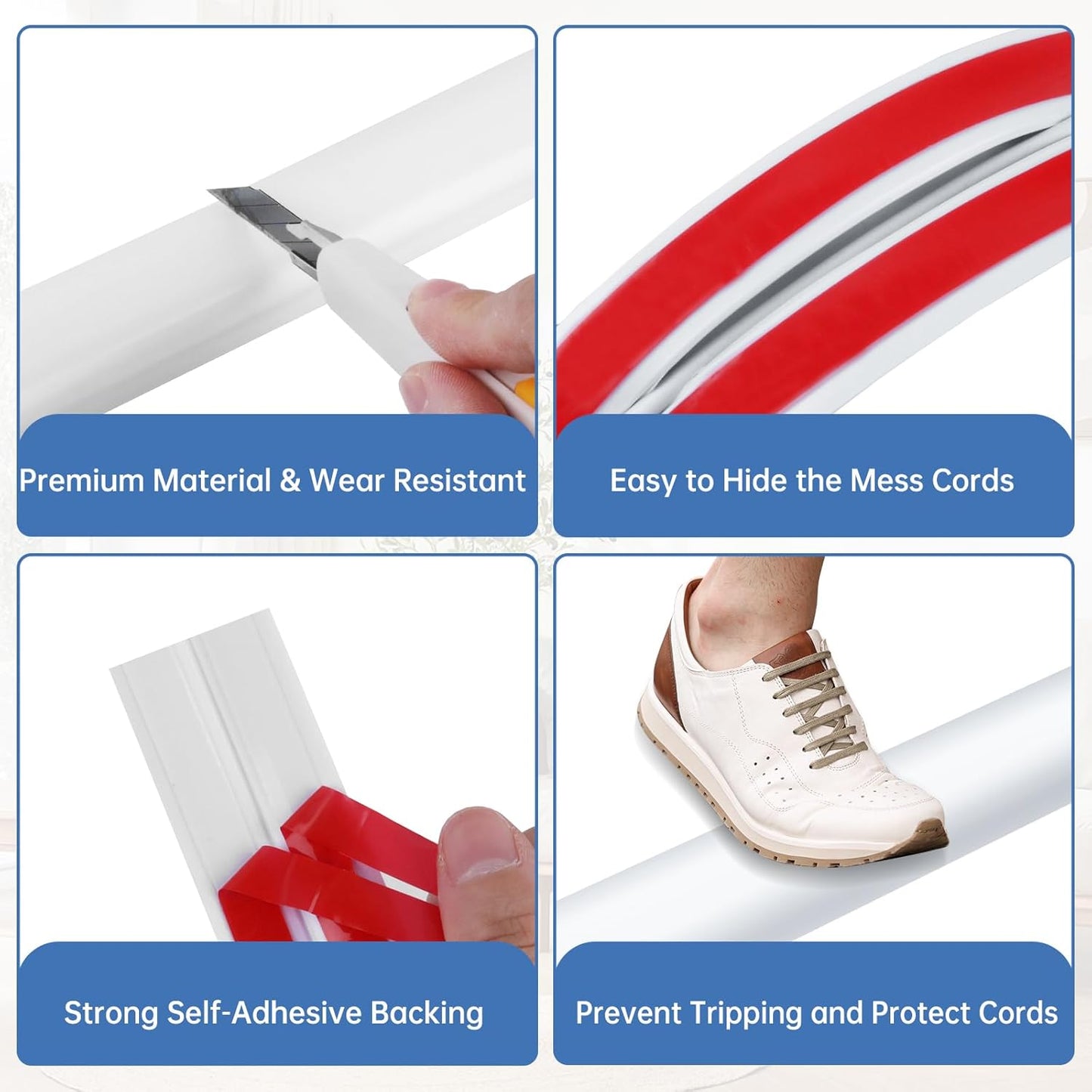 Floor Cord Cover Self Adhesive Cord Hider Floor Extension Cord Covers for Floor Power Cord Protector Cable Management Prevent Cable Trips Cable Cavity 0.32" W x 0.32" H (White, 10Ft)