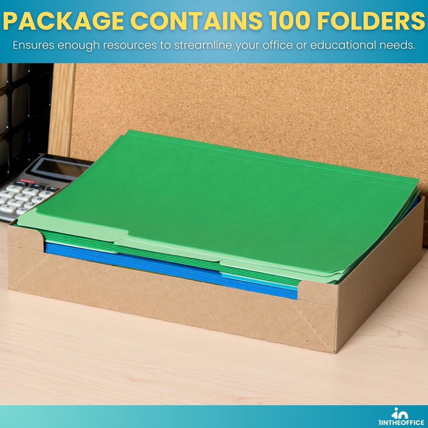 1InTheOffice Colored File Folders Letter Size, 1/3 Cut Tab, Assorted Colors, 100 Pack