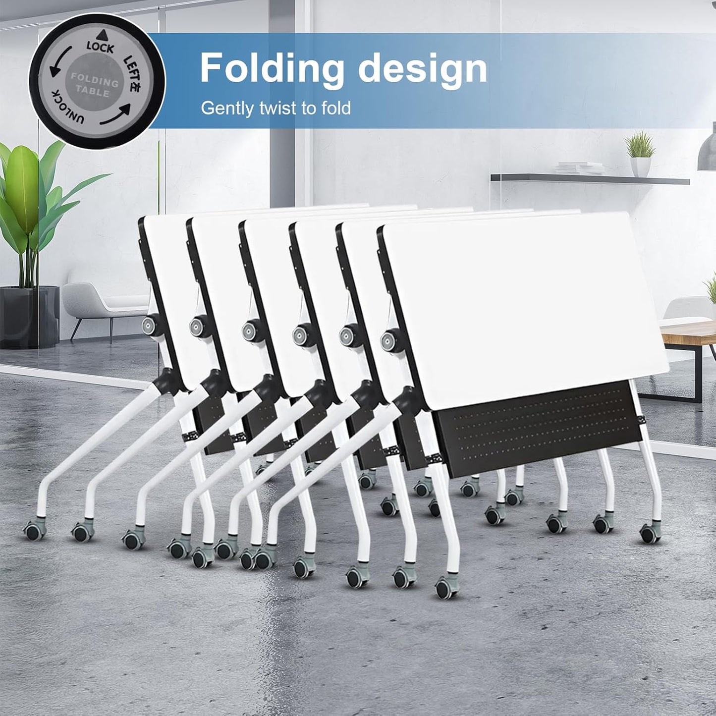 Conference Table, Folding Conference Room Tables, Mobile Training Tables with Silent Wheels, Large Rectangular Modular Seminar Table Office Computer Desks for Classroom White (2Pack L63in)