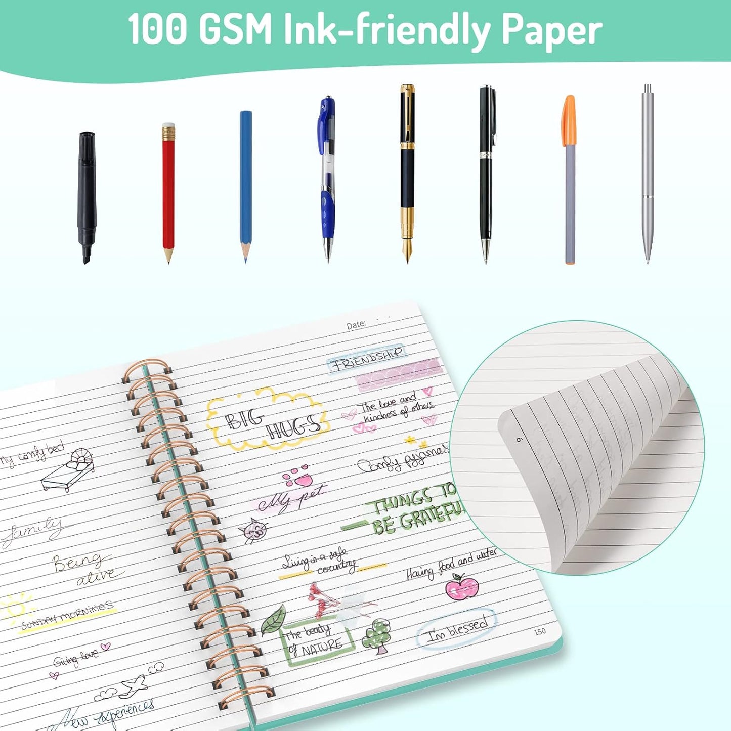 Forvencer Lined Spiral Journal Notebook with 300 Numbered Pages, B5 College Ruled Thick Journals for Writing with 100GSM Paper, Hardcover Notebooks with Contents for Work, School, Women, Men, Green