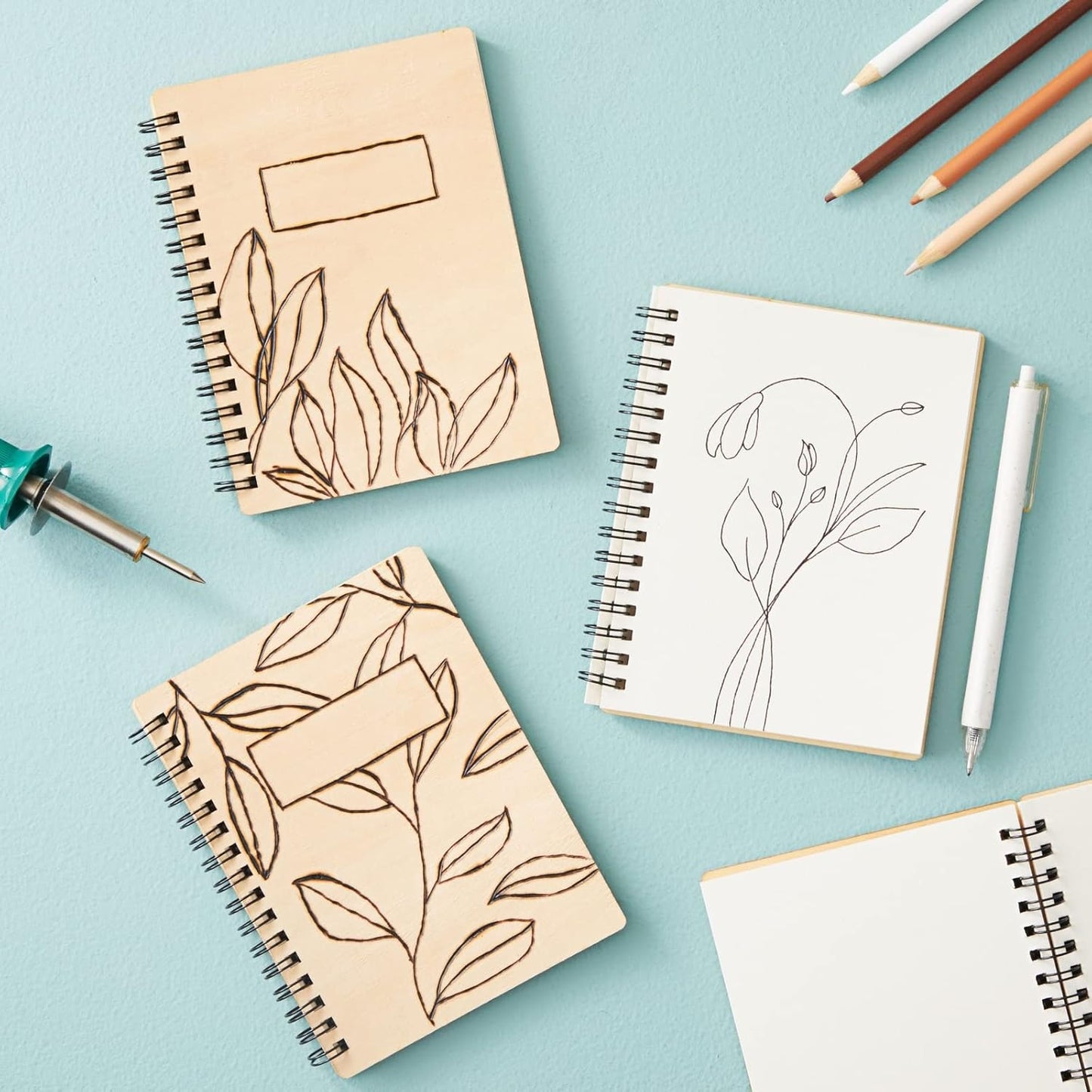 Juvale Wood-Cover Notebooks for Work - 4-Pack, 4.5 x 5.8 In, Rustic Spiral-Bound - Blank Wood Journal & Laser Engraving-Ready