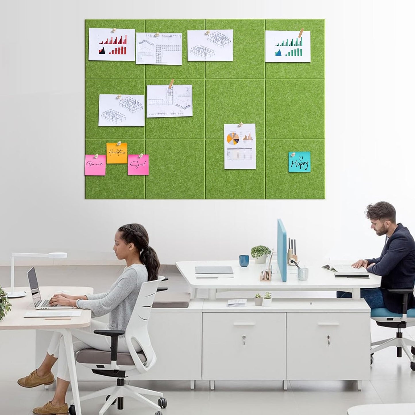 Large Cork Board for Walls 48" x 36" - Green Bulletin Board - 12 Pack Felt Wall Tiles with Safe Removable Adhesive Tabs - Corkboard for Office School Home Decor - Sage Green