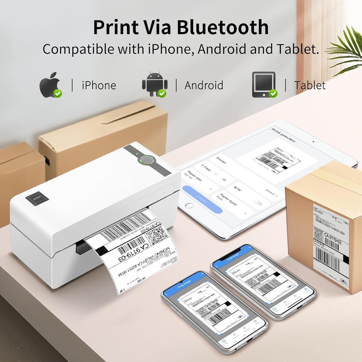 JADENS Bluetooth Thermal Label Printer, 4x6 Wireless Label Printer for Shipping Packages, Support Android, iOS, Mac OS, and Windows, Widely Used for Amazon, Ebay, Shopify, Etsy, USPS