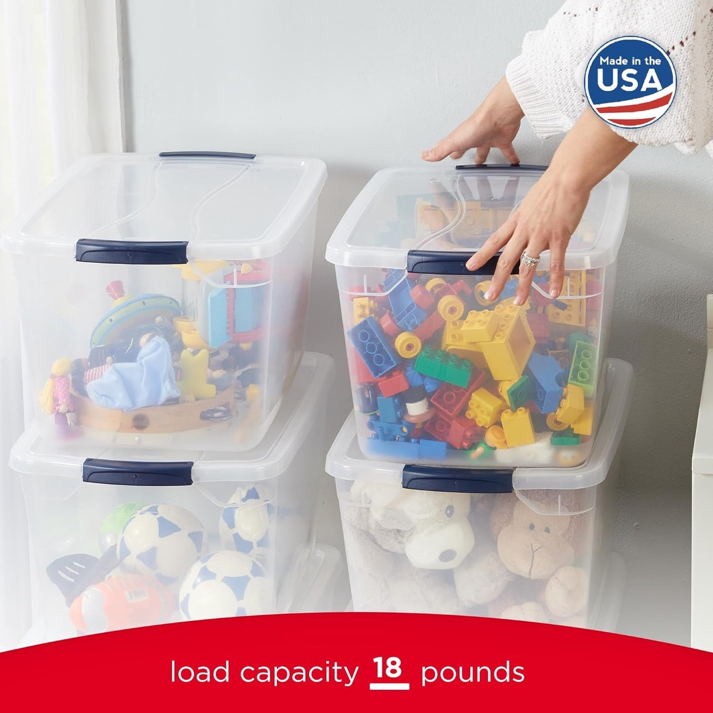 Rubbermaid Cleverstore Clear 32 Qt, 6 Pack Stackable Plastic Storage Containers with Durable Latching Clear Lids, Visible Storage, Great for Closet and Laundry Storage, Organizing in the Home