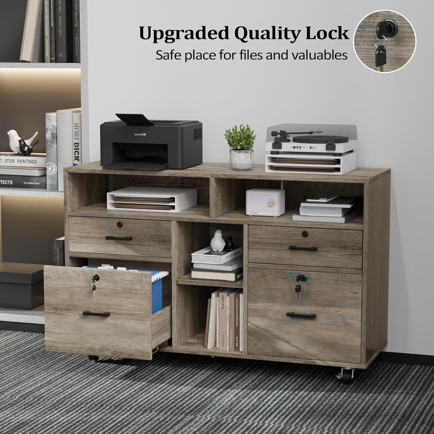 VINGLI Wide 4 Drawer File Cabinet with Lock, Rustic Grey Rolling File Cabinet with Open Shelves, Lockable Printer Stand, Letter Sized