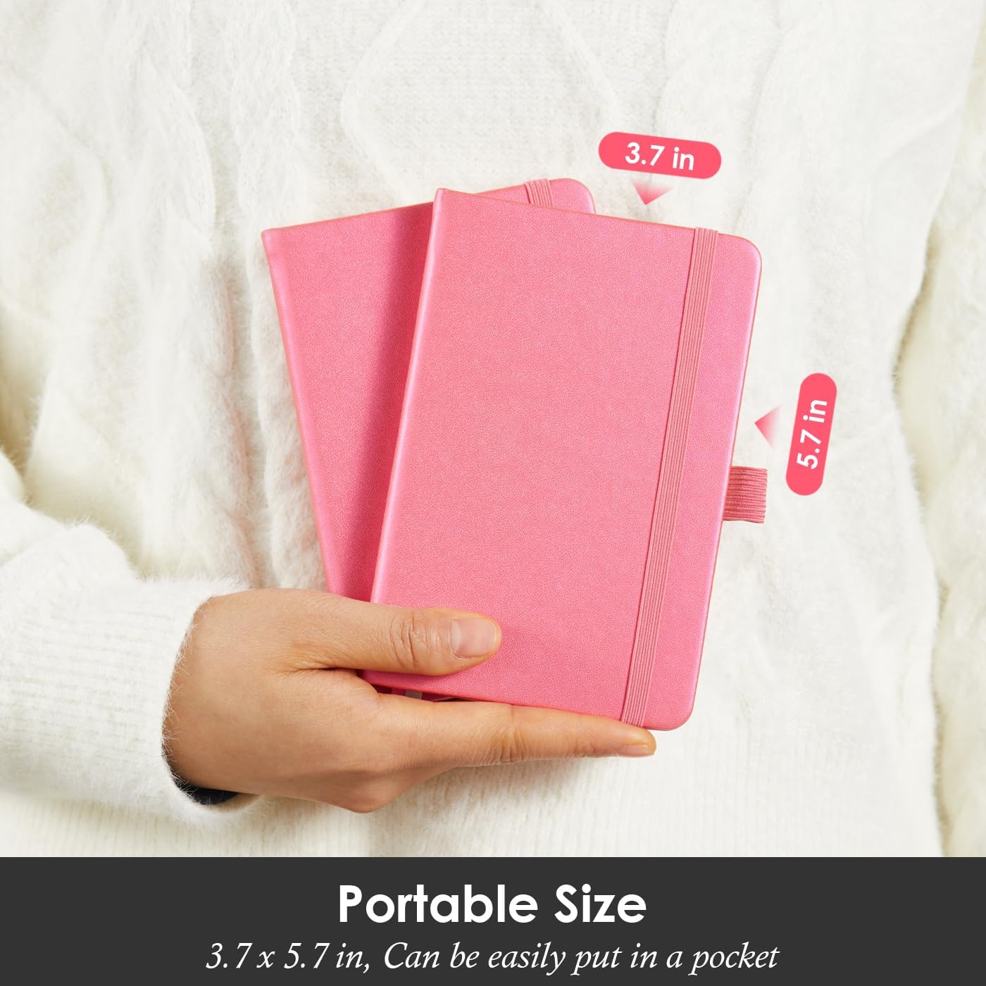 3 Pack Small Journal Notebook with Pen, Mini Pocket Leather Notepad Notebook 3.7" x 5.7" with 408 Pages, Ribbon Bookmark, Pearlescent Pink