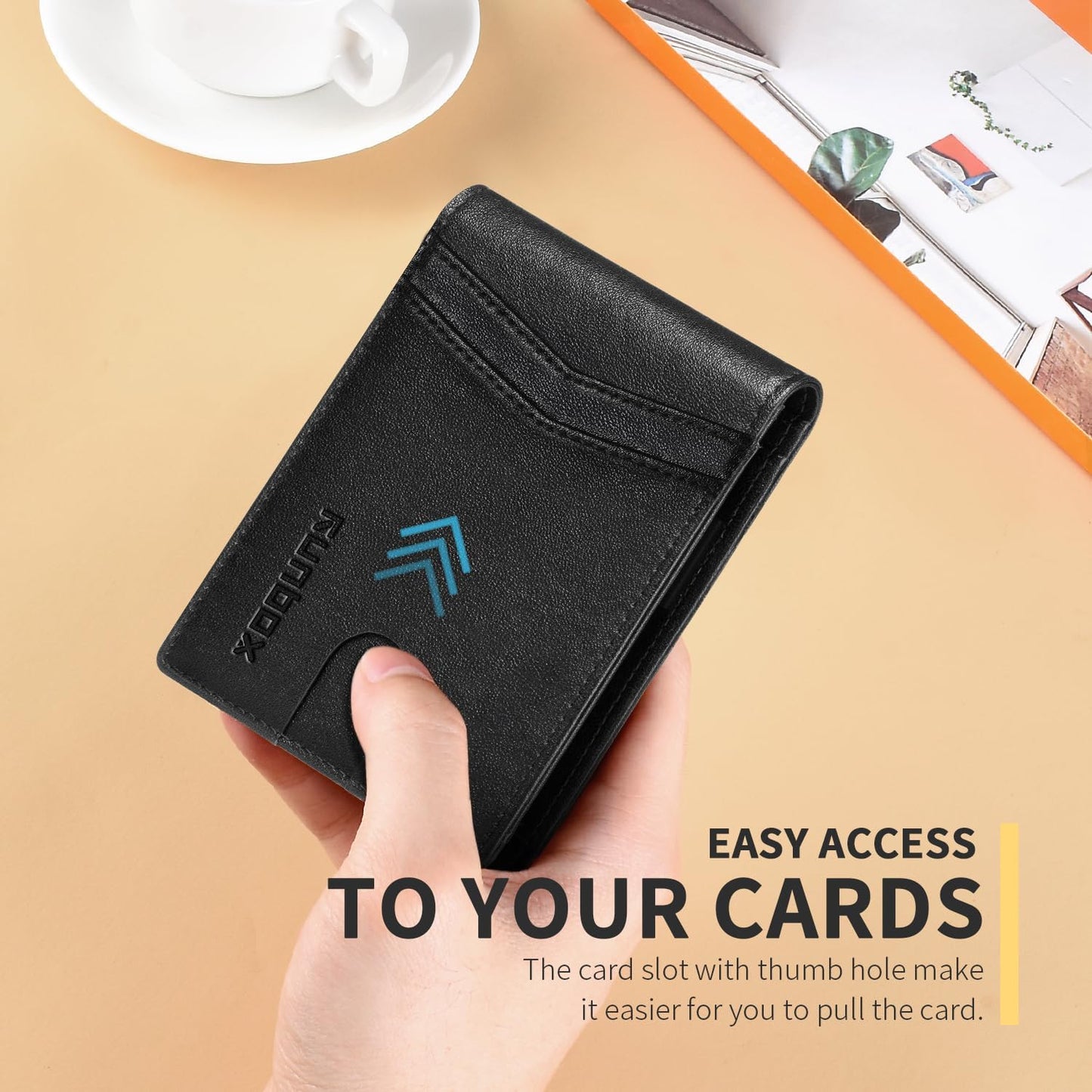 RUNBOX Wallet for Men Slim Rfid Leather 2 ID Window With Gift Box