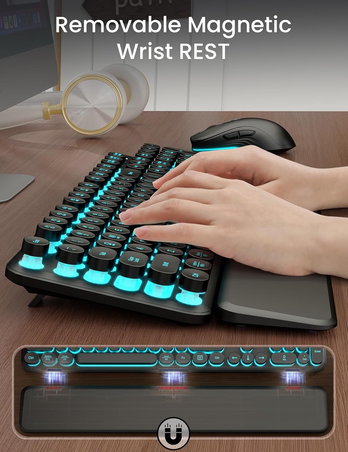 Wireless Keyboard and Mouse Backlit - Typewriter Keyboard with Detachable Wrist Rest, Retro Round Keycaps, Light Up Letters, 2.4G Cordless Combo for Mac, Windows, PC, Laptop, Trueque [2024 Upgraded]